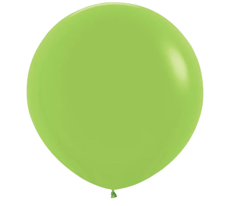 Single large lime green latex balloon with a glossy finish and tied knot at the bottom, shown inflated against a white background.