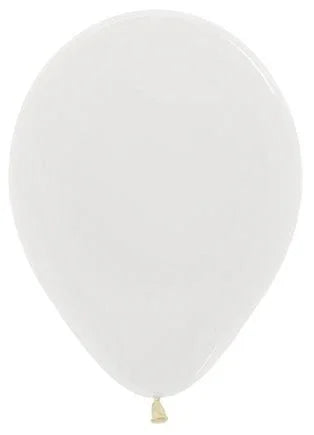 Single crystal clear latex balloon with a rounded teardrop shape and small tan tie knot at the bottom.