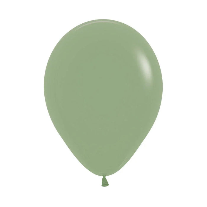 Single eucalyptus green latex balloon with a small tied knot at the bottom, displayed against a white background.