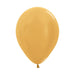 Single metallic gold latex balloon with a rounded oval shape and small tied opening at the bottom against a white background.