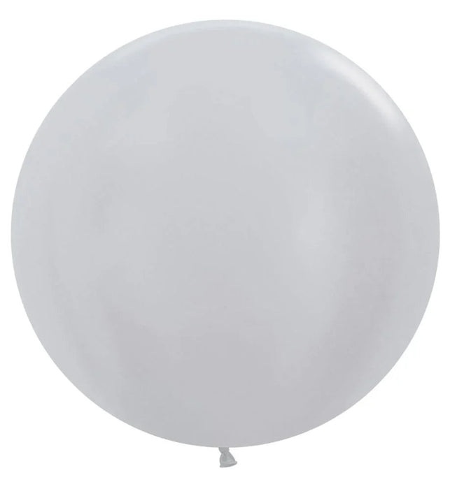 Large metallic silver latex balloon with a matte finish and rounded shape against a white background.