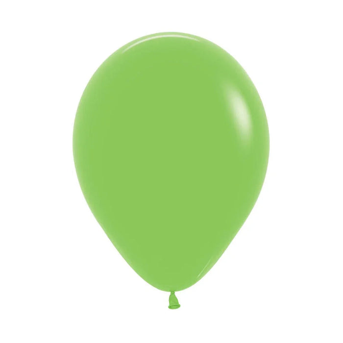 A single lime green latex balloon with a rounded teardrop shape and a small tied knot at the base against a white background.