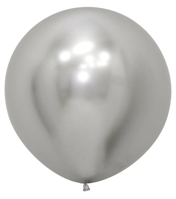 Large reflective silver latex balloon with a pearlescent finish and bright highlight spots, shown inflated against a white background.