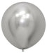 Large reflective silver latex balloon with a pearlescent finish and bright highlight spots, shown inflated against a white background.