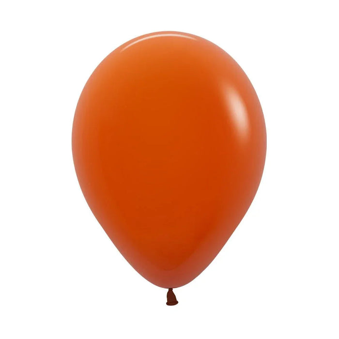 Sunset orange latex balloon with a glossy finish and dark tie knot at the bottom, shown inflated against a white background.