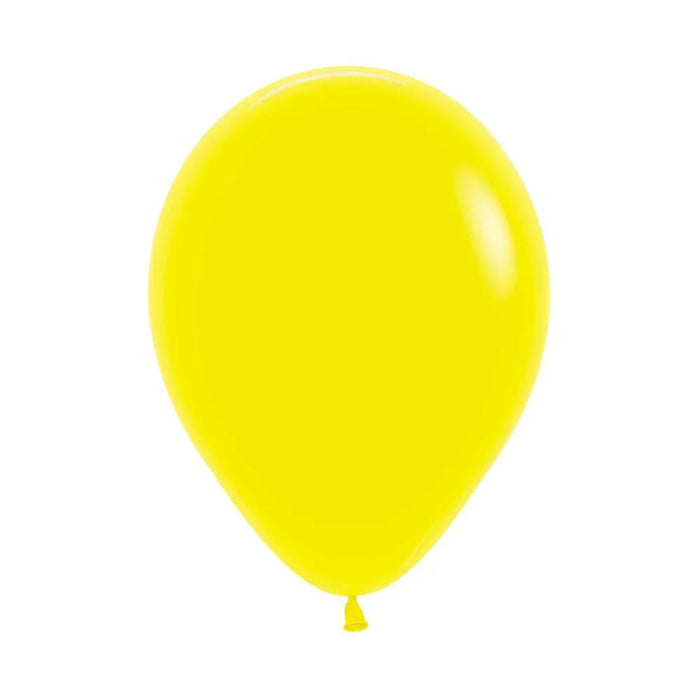 Bright yellow latex balloon with a glossy finish and small tied knot at the bottom, shown against a white background.