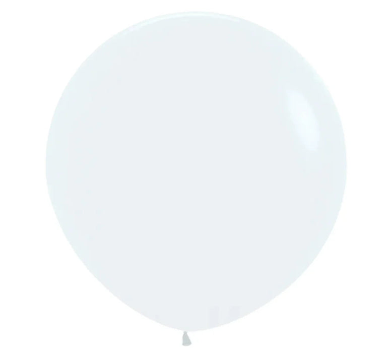 Two large white latex balloons with a soft pale blue tint, shown deflated against a white background.