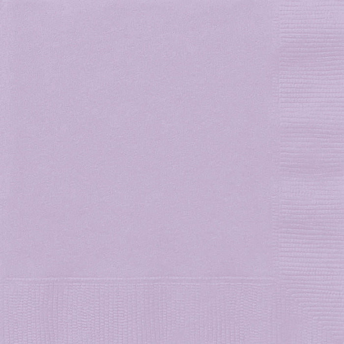 Stack of 100 lavender-colored paper napkins with a textured surface and ribbed edges visible on the right and bottom sides.