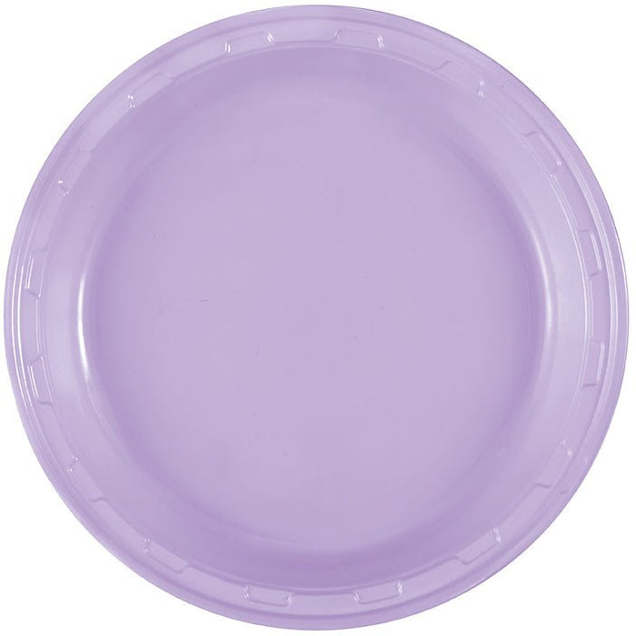 Lavender plastic plate with a ridged rim, shown from above against a white background.
