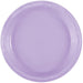 Lavender plastic plate with a ridged rim, shown from above against a white background.
