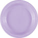 Lavender plastic plate with a ridged rim and shallow bowl design, shown from above against a white background.