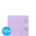 Pack of 100 lavender-colored beverage napkins with textured edges displayed against a white background.