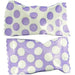 Two individually wrapped round candies with purple and white polka dot patterns in contrasting designs.