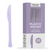 Lavender plastic knife displayed next to its packaging box labeled "Heavy Duty Plastic Knives" with "20 Knives" indicated on the front.