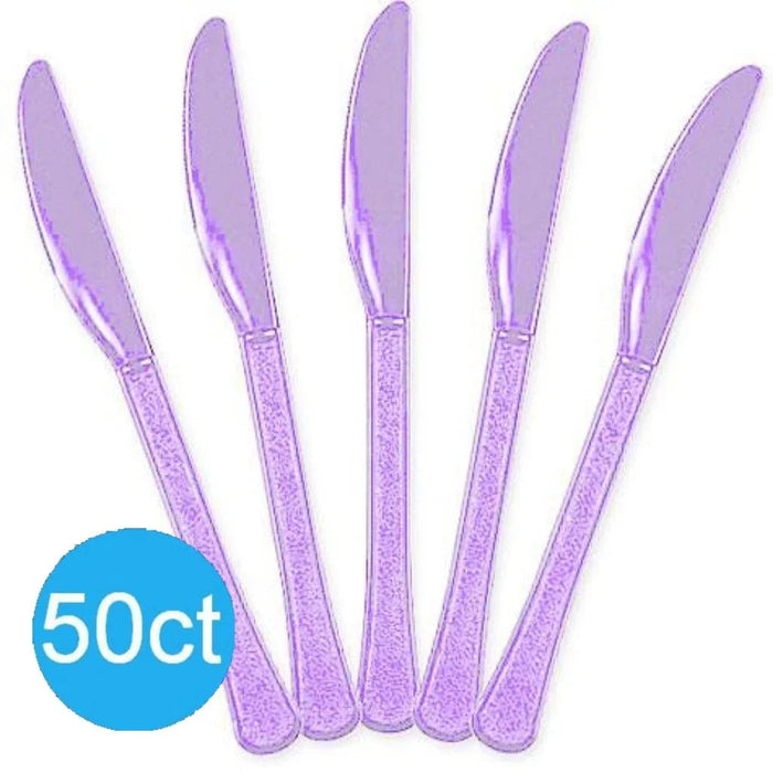 Five lavender plastic knives arranged in a fan pattern with textured handles, labeled 50ct in a blue circle.