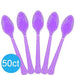 Five lavender purple plastic spoons arranged in a fan pattern with a blue circle labeled "50ct" in the lower left corner.