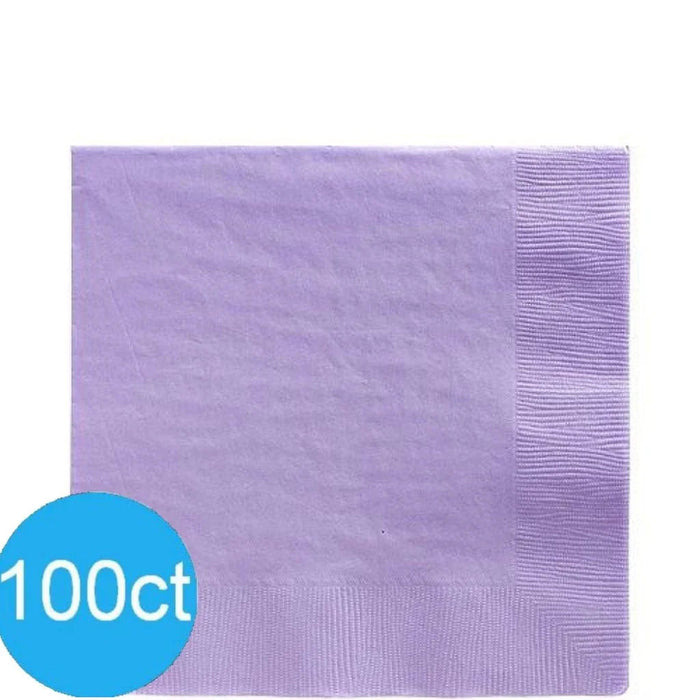 Stack of 100 lavender purple paper napkins with ribbed texture edges and a blue circular badge indicating the quantity.