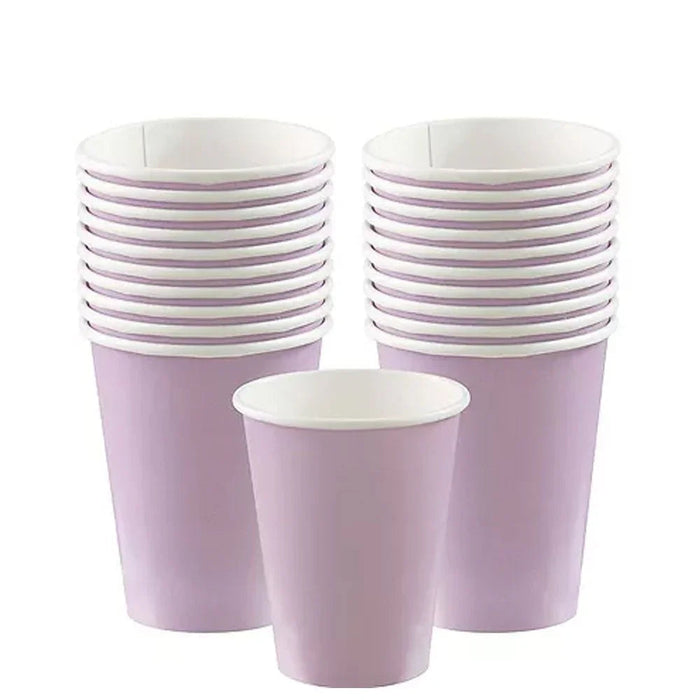 Stack of lavender purple paper cups with white interior rims, showing approximately 20 cups arranged in two tall stacks and one single cup in the center.