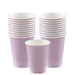 Stack of lavender purple paper cups with white interior rims, showing approximately 20 cups arranged in two tall stacks and one single cup in the center.