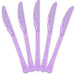 Five lavender plastic knives with glittery handles arranged in a fan formation against a white background.