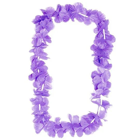 Purple fabric flower lei arranged in a circle with densely packed petals forming a continuous garland against a white background.