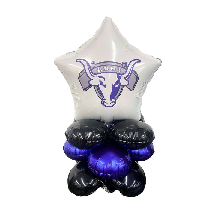 White star-shaped foil balloon with purple bull logo and "LEHI" text, mounted on four black and purple round air-filled balloons arranged in a cluster.
