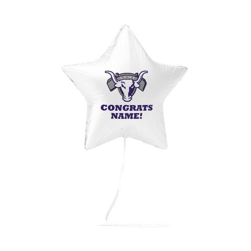 White star-shaped mylar balloon with purple bull horns logo and "CONGRATS NAME!" text printed on the front.