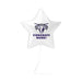 White star-shaped mylar balloon with purple bull horns logo and "CONGRATS NAME!" text printed on the front.