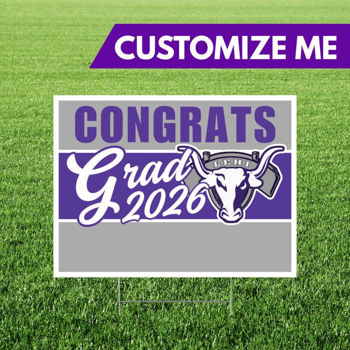 Purple and gray yard sign with white bull mascot logo and "Congrats Grad 2026" text on green grass background.
