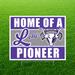 Lehi Pioneers "Home of a Lehi Pioneer" graduation yard sign displayed on a green grass lawn. The square sign features bold purple and white text with a gray center stripe, the Lehi script logo, the official Lehi High School pioneer bull mascot logo, and includes an H-stake for easy yard installation.