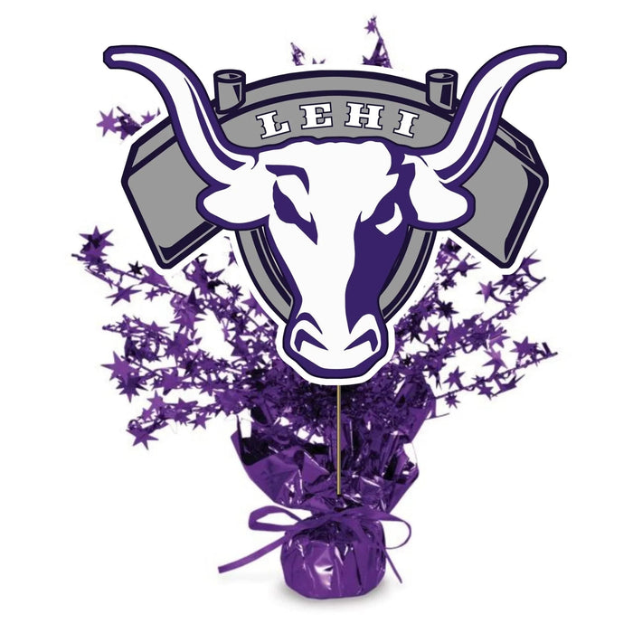 Purple and white bull head logo with "LEHI" banner on top, surrounded by purple star-shaped decorative spray erupting from a wrapped purple base centerpiece.