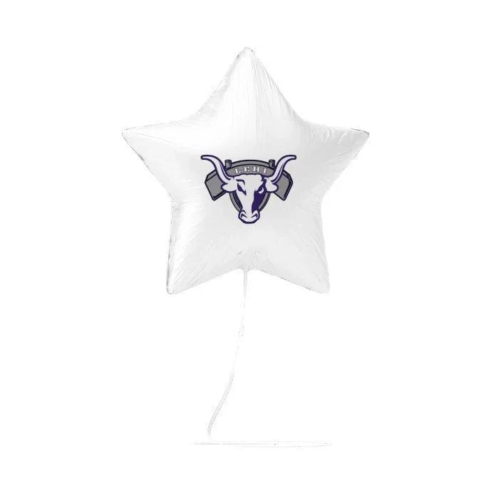White star-shaped mylar balloon with a purple bull mascot logo and text reading "Lehi" printed in the center.