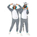 Two people wearing matching gray and white lemur onesies with blue accents, ears, and striped tails, posing happily against a white background.