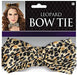 Leopard print bow tie in tan and black featuring a pre-tied design, shown packaged with product labeling and displayed on a neutral background.