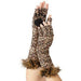 Pair of long fingerless gloves in leopard print with fluffy brown fur trim at the wrists, displayed on an outstretched hand.