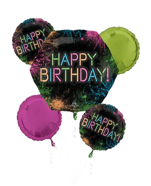Five foil balloons in a bouquet featuring neon "Happy Birthday" text on a black sparkly background with colorful confetti accents in pink, green, blue, and gold.