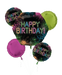 Five foil balloons in a bouquet featuring neon "Happy Birthday" text on a black sparkly background with colorful confetti accents in pink, green, blue, and gold.