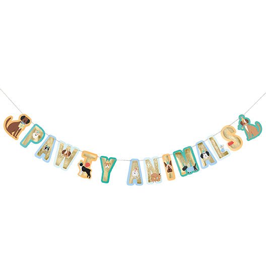 Colorful party banner strung horizontally featuring illustrated animal characters and letters spelling "PAWTY" in shades of tan, turquoise, and cream against white backgrounds.