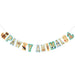 Colorful party banner strung horizontally featuring illustrated animal characters and letters spelling "PAWTY" in shades of tan, turquoise, and cream against white backgrounds.