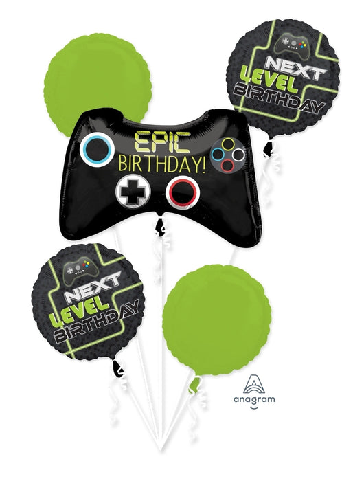 Balloon bouquet with game controller and 'Next Level Birthday' design on a white background