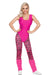Hot pink sleeveless bodysuit with black zebra stripe leggings and matching leg warmers, styled as an 80s workout costume.