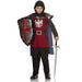 Child wearing a medieval knight costume with burgundy tunic featuring a white eagle emblem, chainmail sleeves, blue cape, black helmet, and holding a sword and shield with red cross.
