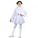 Child wearing a white long-sleeved dress with decorative belt, white tights, white knee-high boots, and hair styled in two buns, smiling at the camera against a white background.
