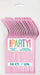 Package of 50 pink heavy-duty plastic forks with multicolored "PARTY" branding text and white label indicating quantity on a white background.