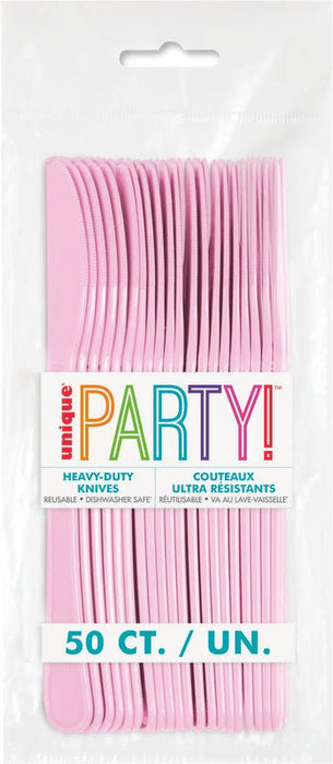 Package of 50 pink heavy-duty plastic knives with colorful "Party" branding and bilingual labeling on white packaging.