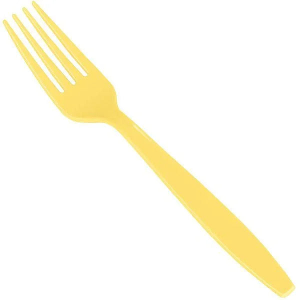 Bright yellow plastic fork with four tines and a tapered handle, shown at an angle against a white background.