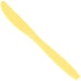 Bright yellow plastic knife with a rounded handle and pointed blade, shown at an angle against a white background.