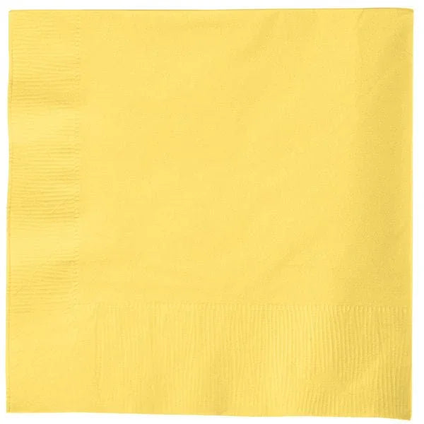 Bright yellow paper napkins with a textured surface arranged in a stack.
