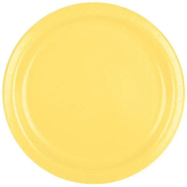 Bright yellow round paper plate with a ribbed rim design shown from above.
