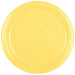 Bright yellow round paper plate with a ribbed rim design shown from above.